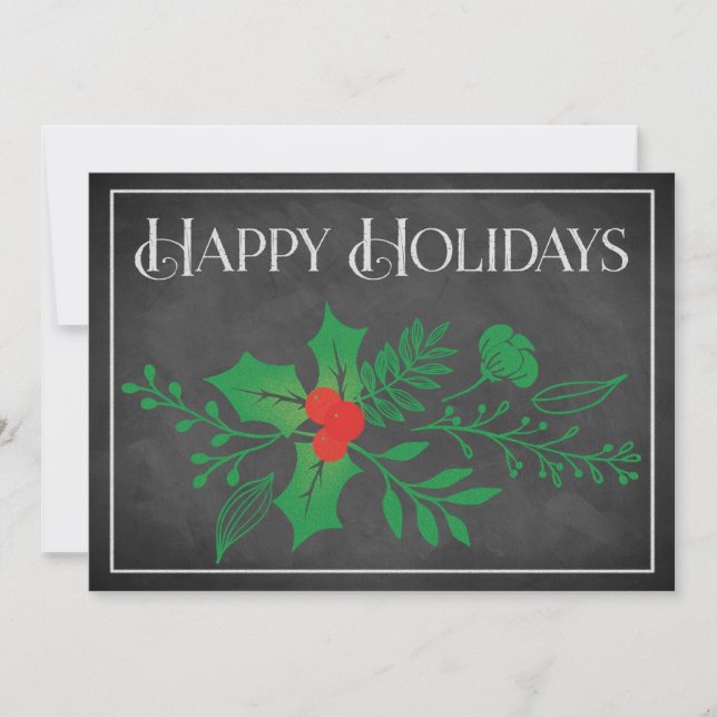 Happy Holidays Card | Faux Chalkboard, Holly (Front)