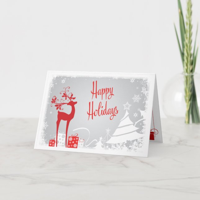 Happy Holidays Card | Red, Grey, White Deer (Front)
