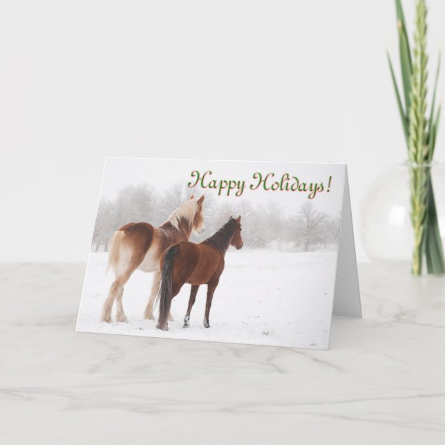 Happy Holidays card with two horses in snow (Front)