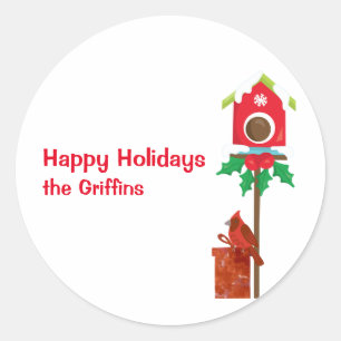 Happy Holidays Cardinal Birdhouse Customizable Classic Round Sticker