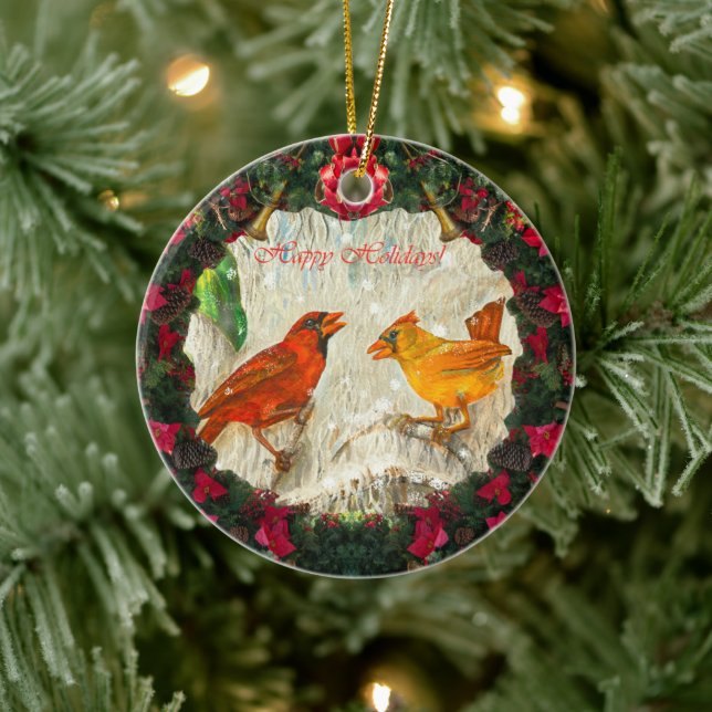 Happy Holidays Cardinal birds Ceramic Ornament (Tree)