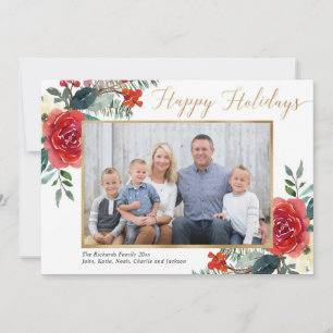 Happy Holidays carte photo d'aquarelle fleurie rou