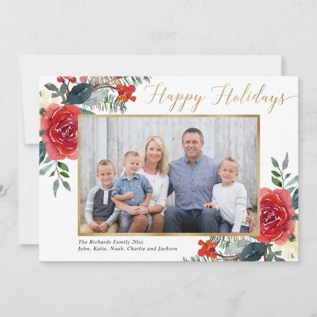 Happy Holidays carte photo d'aquarelle fleurie rou (Devant)