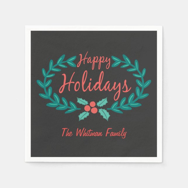 HAPPY HOLIDAYS CHALK ART HAND-DRAWN WREATH NAPKIN (Front)