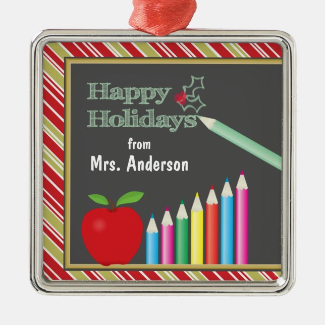 Happy Holidays Chalkboard Teacher Metal Ornament (Front)