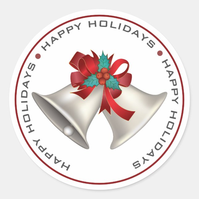 HAPPY HOLIDAYS, CHRISTMAS  BELLS CLASSIC ROUND STICKER (Front)
