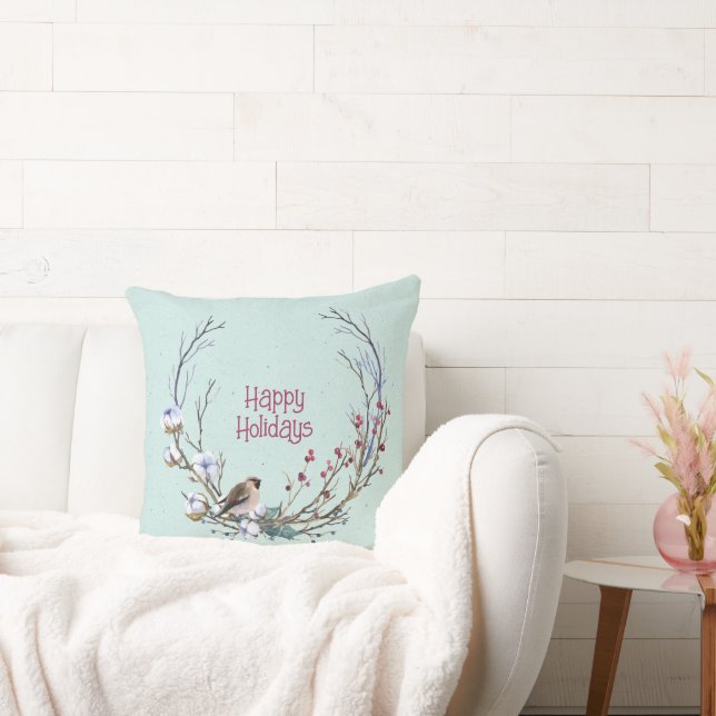 Happy Holidays Christmas Bird In a Tree  Throw Pillow (Couch)