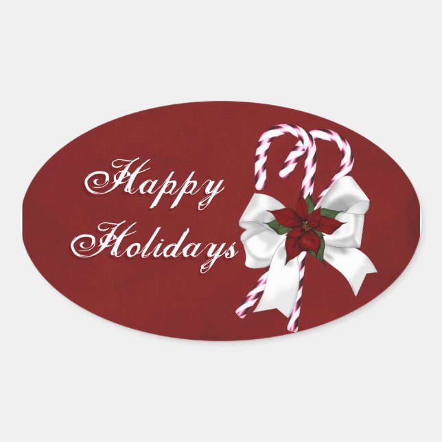 Happy Holidays Christmas Candy Canes Oval Sticker (Front)