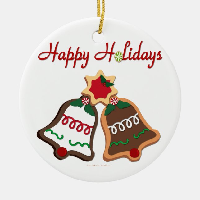 Happy Holidays Christmas Cookie Bells Ceramic Ornament (Front)