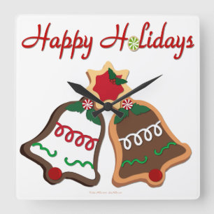 Happy Holidays Christmas Cookie Bells Square Wall Clock