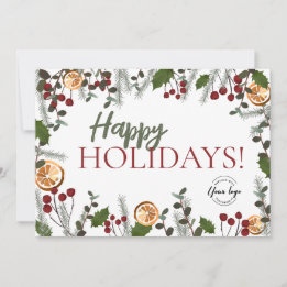 Happy Holidays Christmas Foliage Your Logo Rustic Holiday Card