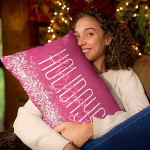 Happy Holidays Christmas Girly Pink Glitter Lumbar Pillow