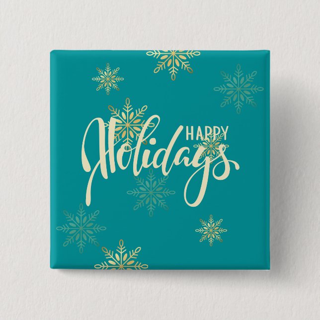 Happy holidays Christmas gold snowflakes green 2 Inch Square Button (Front)