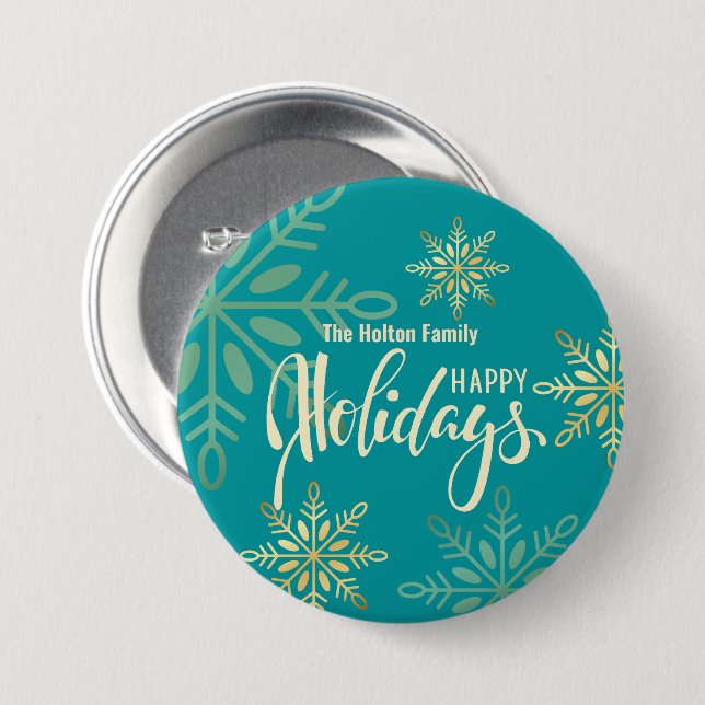 Happy holidays Christmas gold snowflakes green 3 Inch Round Button (Front & Back)