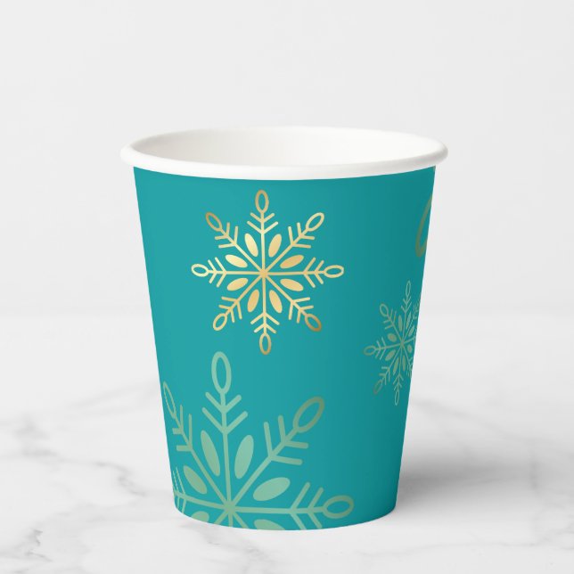 Happy holidays Christmas gold snowflakes green Paper Cups (Front)