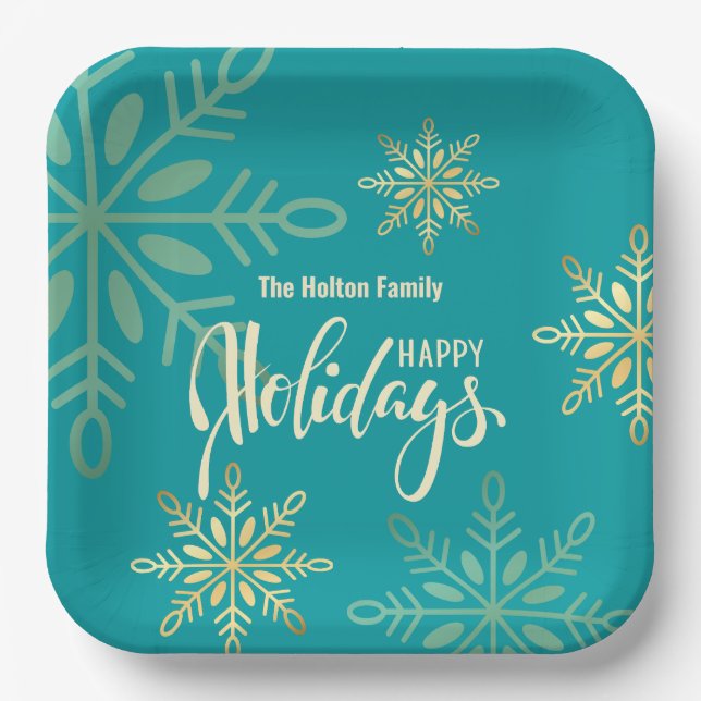 Happy holidays Christmas gold snowflakes green Paper Plate (Front)