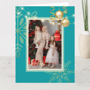 Happy holidays Christmas gold, snowflakes, green T Thank You Card
