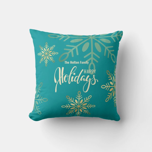 Happy holidays Christmas gold snowflakes green Throw Pillow (Front)