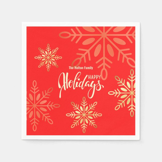 Happy holidays Christmas gold snowflakes red Napkin (Front)