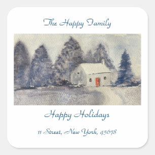Happy Holidays Christmas Holiday Snowy Cottage Square Sticker