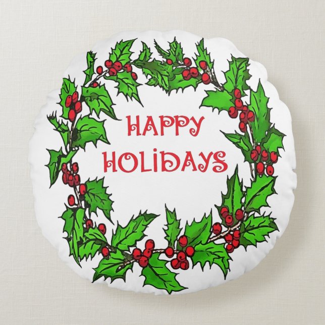 Happy Holidays Christmas Holly Wreath Round Pillow (Front)