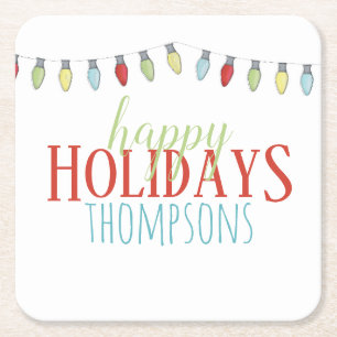 Happy Holidays Christmas Lights Personalized Square Paper Coaster