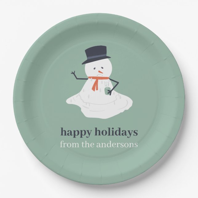 Happy Holidays Christmas Melting Snowman Cute   Paper Plate (Front)