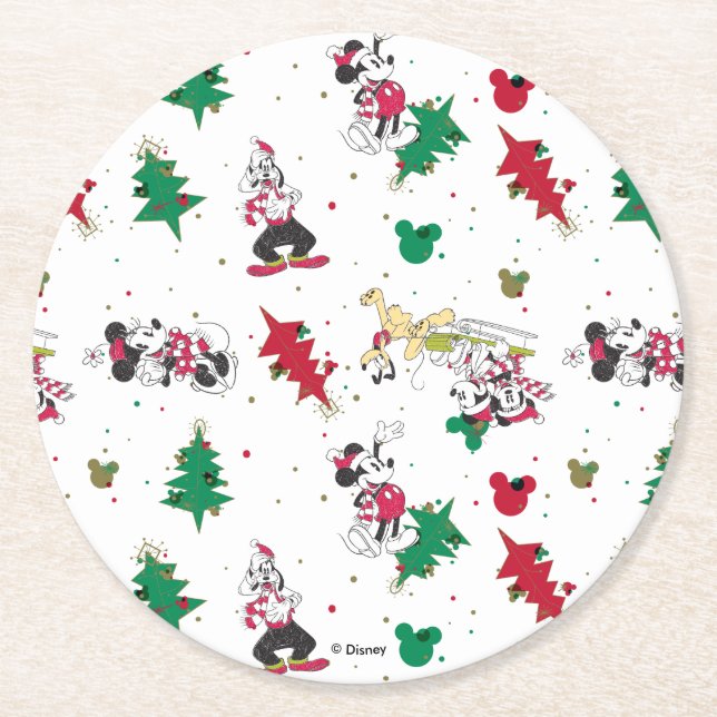 Happy Holidays | Christmas Mickey Mouse & Friends Round Paper Coaster (Front)