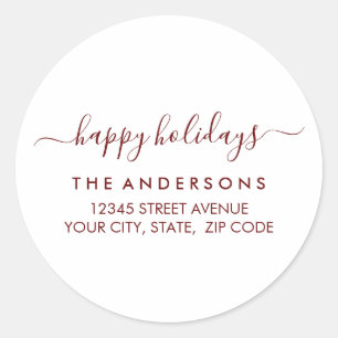 Happy Holidays Christmas Modern Red Return Address Classic Round Sticker