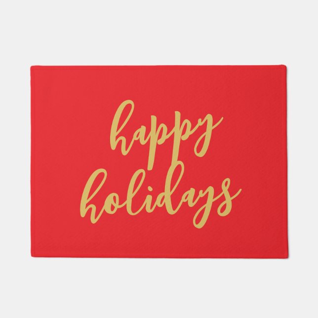 Happy Holidays Christmas New Year Season Red Gold Doormat (Front)
