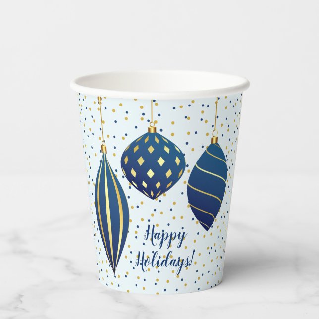 Happy Holidays Christmas Ornaments Blue Paper Cups (Back)