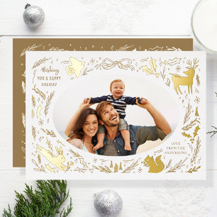 Happy Holidays Christmas Photo Woodland Doodle Foil Holiday Card