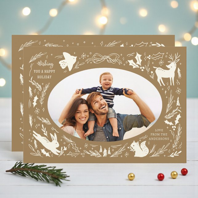 Happy Holidays Christmas Photo Woodland Doodle Holiday Card (Creator Uploaded)