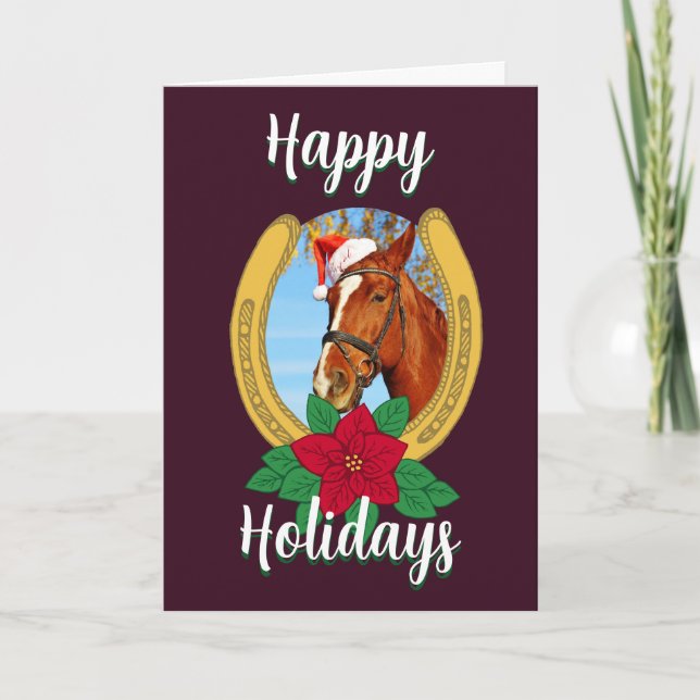 Happy Holidays Christmas Poinsettia Horseshoe Holiday Card (Front)