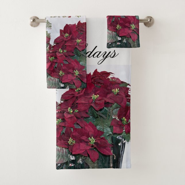 Happy Holidays & Christmas Poinsettia Plants Bath Towel Set (Insitu)