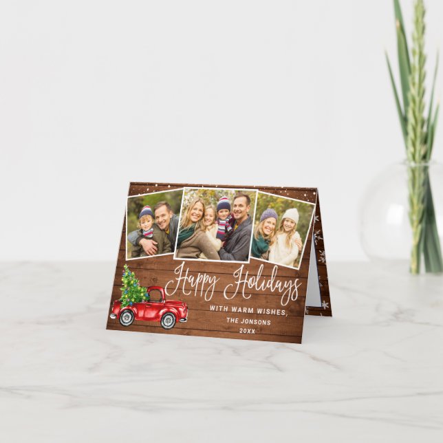 Happy Holidays Christmas Red Farm Truck 3 Photo Holiday Card (Front)