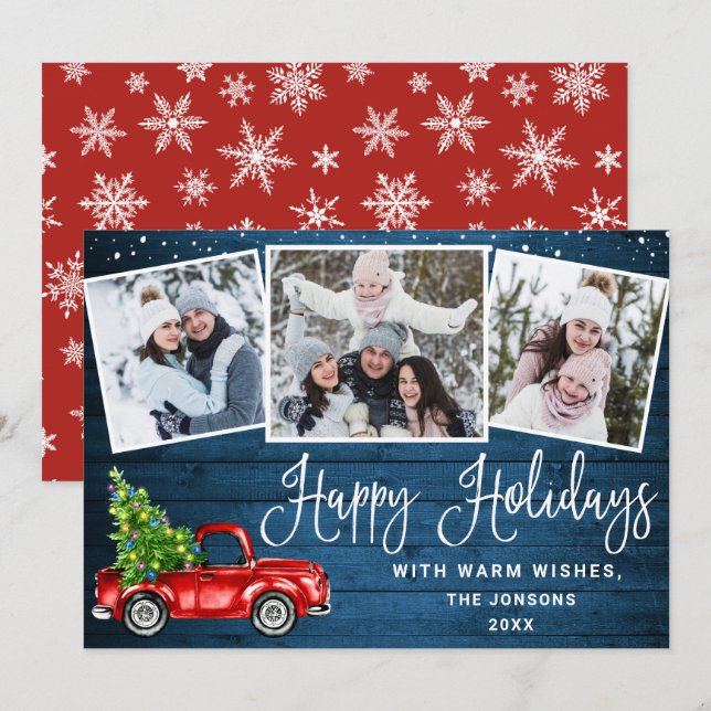 Happy Holidays Christmas Red Farm Truck 3 Photo Holiday Card (Front/Back)