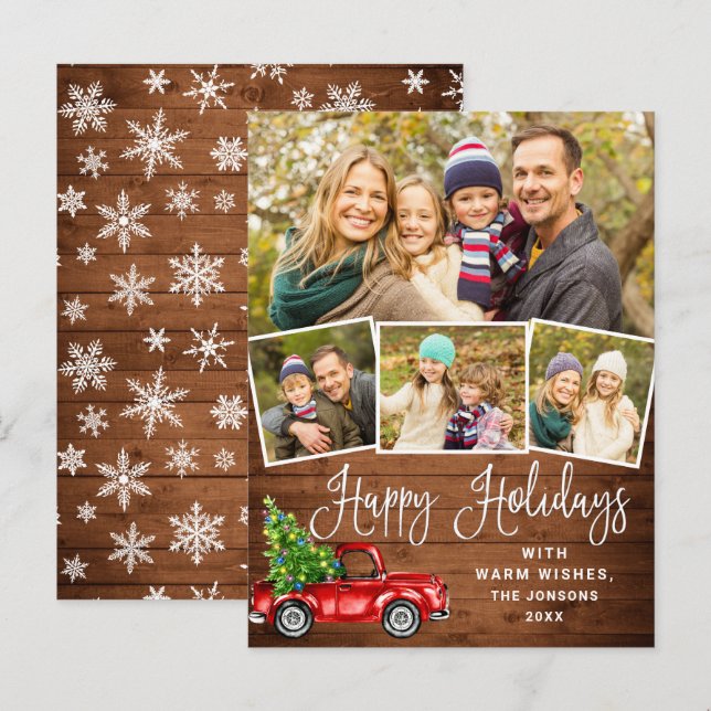 Happy Holidays Christmas Red Truck 4 Photo Card (Front/Back)