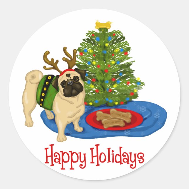 Happy Holidays Christmas Reindeer Pug Stickers (Front)