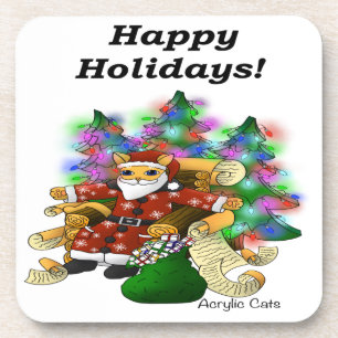 Happy Holidays Christmas Santa Cat Coaster