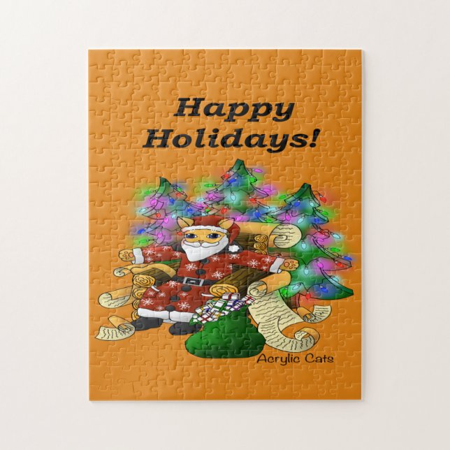 Happy Holidays Christmas Santa Cat Jigsaw Puzzle (Vertical)
