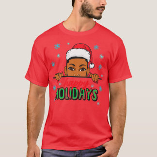 Happy Holidays Christmas Snow Melanin Women Black  T-Shirt