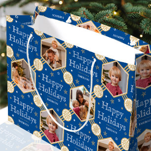 Happy Holidays Christmas Snowflake Photo Blue Large Gift Bag