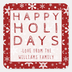 Happy Holidays Christmas Snowflakes Red and White Square Sticker