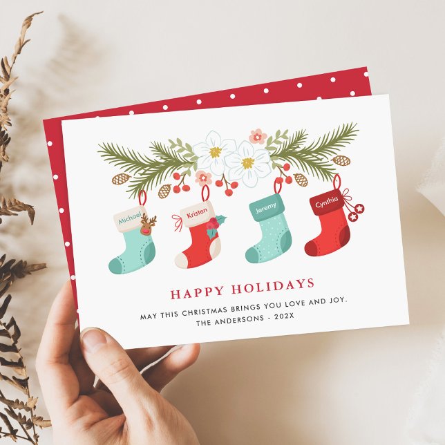 Happy Holidays Christmas Stockings 4 Family Names Holiday Card (Creator Uploaded)