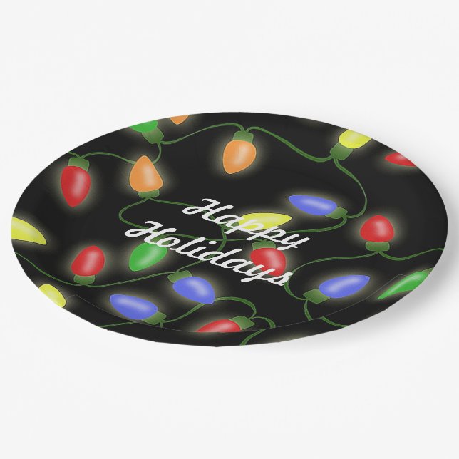 Happy Holidays Christmas String Lights Paper Plate (Angled)