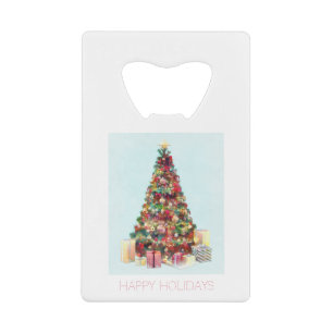 Happy Holidays. Christmas Tree Credit Card Bottle Opener