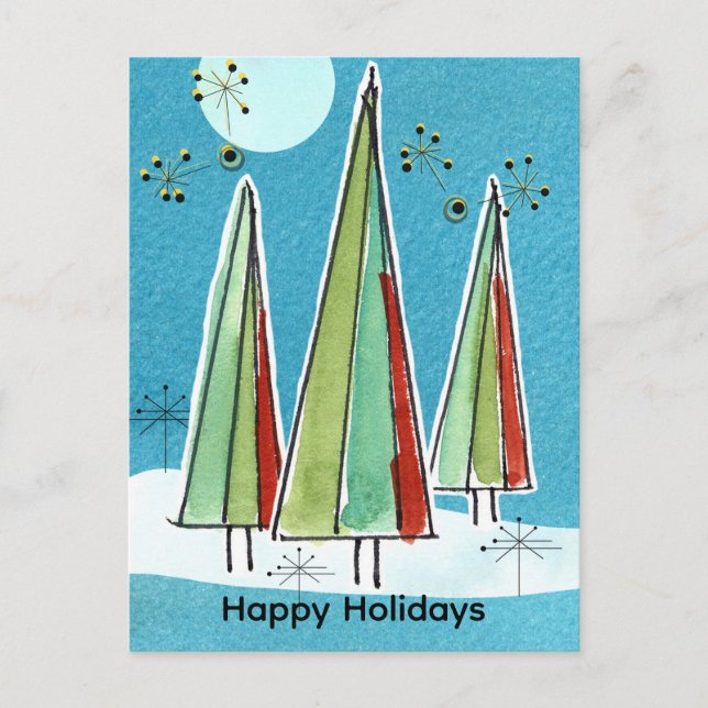 Happy Holidays Christmas Trees Full Moon Snow Holiday Postcard (Front)