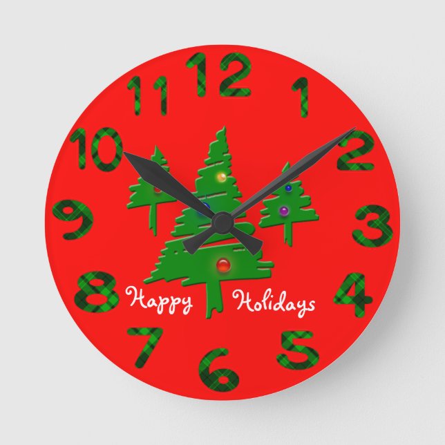 Happy Holidays Christmas Trees Numbered Round Clock (Front)