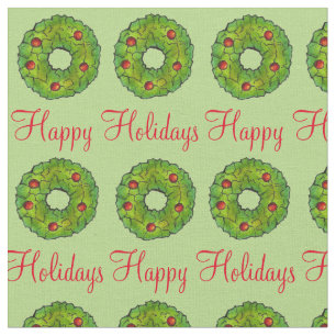 Happy Holidays Christmas Xmas Green Wreath Cookie Fabric